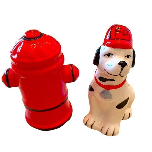 Salt And Pepper Ceramic Shakers Red Fire Hydrant & Dalmatian Dog - Picture 1 of 13